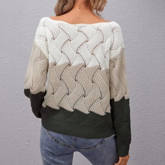 Boat Neck Casually Comfy Color Block Knit Sweater top - Picture 5 of 5